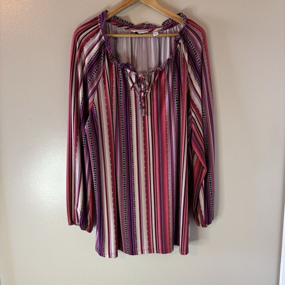 Susan Graver Liquid Knit Top Purple Pink Stripe Peasant Blouse Sz 3X